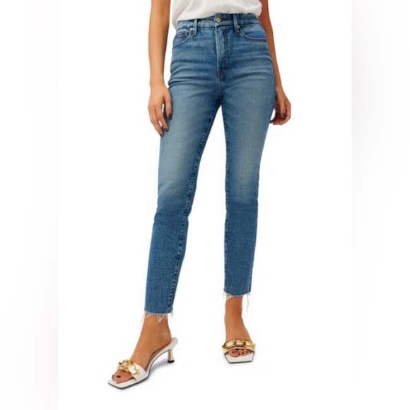 Good American High Waist Raw Hem Blue Jeans - Picture 1 of 5